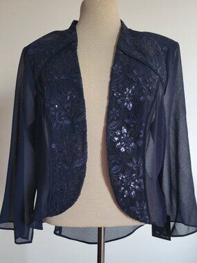 Le Bos Navy Blue Embroidered Sequin Bolero Jacket | Size 14 | NWT